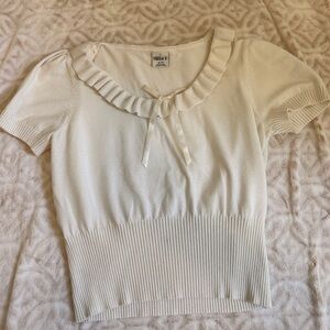 Nikka K Ivory Ruffle Neck Bow Knit Top XL Soft Feminine
